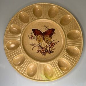 Vintage 1970s Butterfly Deviled Egg Platter 12” Plate USA MCM MOD Stoneware 70s